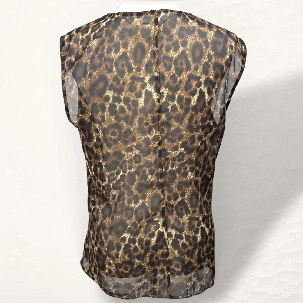 Michael Kors Sleeveless Top Women XL‎ Brown Animal Print Mob Wife V-Neck